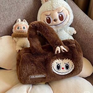 Brown Plush Handbag with Monster Design